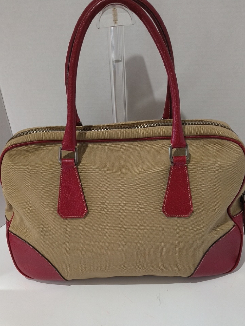 Prada Beige Canvas Tote with Red Leather Trim and Wallet - Picture 3 of 14